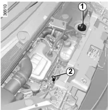 Technical diagram of a vehicle engine bay with numbered components and labeled parts