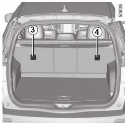 Diagram of a car backseat with numbered compartments and seat labels, showing interior layout and rear canopy.