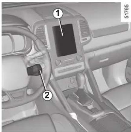 Interior view of a car dashboard with labeled parts, showing numbered components and a digital display screen.