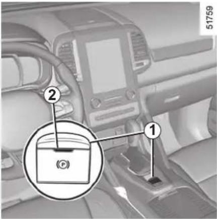 Car interior diagram with labeled parts and a magnified inset showing a device component with '©' label
