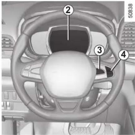 Diagram of a car interior with numbered labels pointing to the dashboard and steering wheel