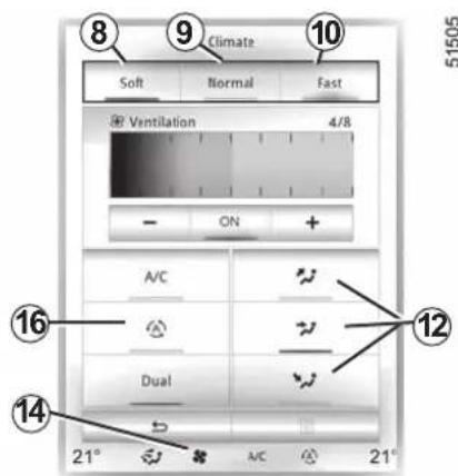 8 9 Climate 10 Soft Normal Fast Ventilation 4/8 - ON + A/C Dual 16 12 14 21° A/C 21° 51505
