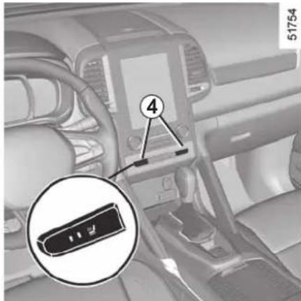 Car interior panel with labeled component 4 and a close-up inset showing a device pin