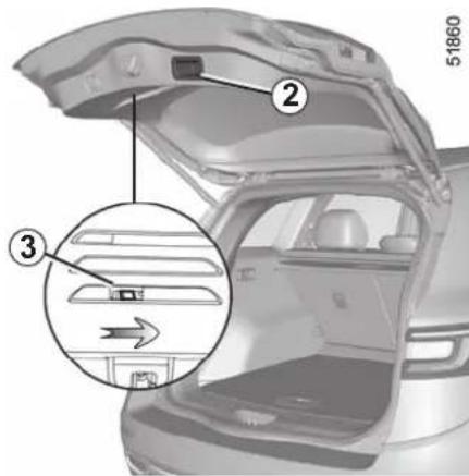 Diagram of a car trunk with labeled parts and an inset showing internal components, including a zoomed-in section view.