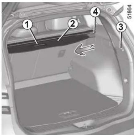 Diagram of a car interior with numbered components and an arrow indicating a directional change or movement.