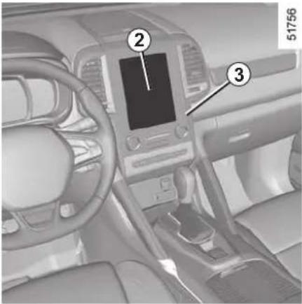 Interior view of a car dashboard with labeled parts including touchscreen and seatbelt, showing numbered annotations.