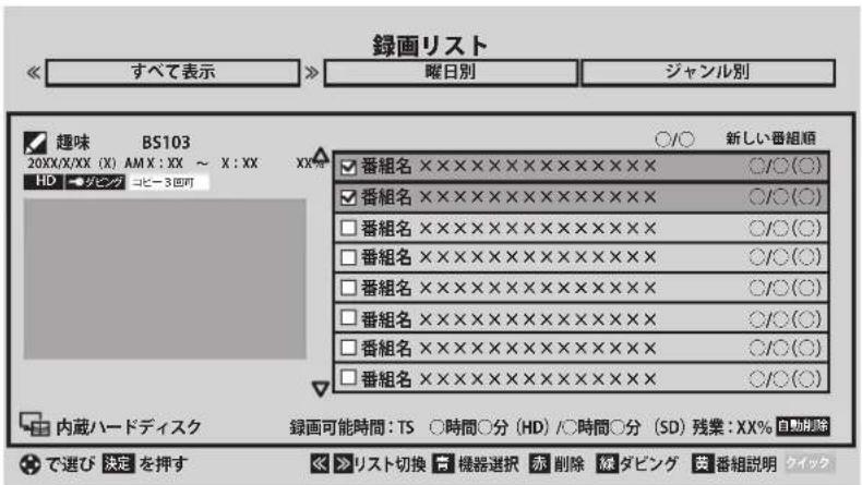 録画リスト すべて表示 曜日別 ジャンル別 趣味 BS103 20XX/X/XX (X) AM X: XX ~ X: XX HD ダビング コビー 3回町 ○/○ 新しい番組順 □ 番組名 ××××××××××××××× × ○/○(○) □ 番組名 ××××××××××××× × ○/○(○) □ 番組名 ×××××××××××× × ○/○(○) □ 番組名 ××××××××××× × ○/○(○) □ 番組名 ×××××××××× × × ○/○(○) □ 番組名 ××××××××× × × ○/○(○) □ 番組名 ×××××××× × × × ○/○(○) 内蔵ハードディスク 録画可能時間: TS ○時間○分(HD)/○時間○分(SD) 残業: XX% 自動撤除 で選び 決定 を押す ▶ リスト切換 百 機器選択 赤 削除 燃 ダビング 英 番組説明 クイック