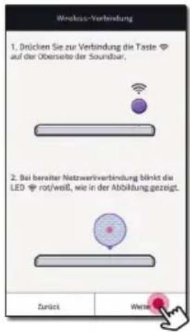 Wireless-Verbindung 1. Drücken Sie zur Verbindung die Taste 🔒 auf der Obersete der Soundbar. 2. Bei bereits Netzweirverbindung blinkt die LED 🔒 rot/weiß, wie in der Abbildung gezeigt. Zurück Weise