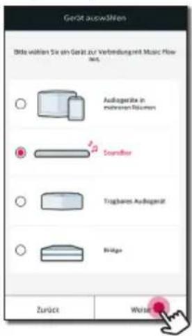 Gesamt auswählen Bide wählen Sie ein Gerät zur Verbindung mit Music Flow Antäusagenisse in mehreren Rückens Soundfilter Togbanen Auswägenität Wärkse Zurück Weist