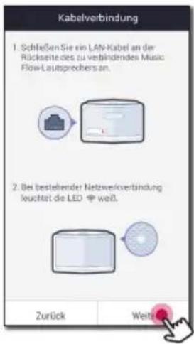 Kabelverbindung 1. Schließen Sie ein LAN-Kabel an der Rückseite des zu verbindendes Music Flow-Lautsprechers an. 2. Bei bestellender Netzwerkverbindung leuchtet die LED ◆ weiß. Zurück Weitere