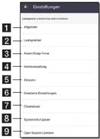 Einstellungen Lastsprecher unterzernes und instuläden Allgemein Lautsprecher Alarm/Sleep-Timer Kontoverwaltung Zeizzone Erweiterte Einstellungen Chromecast SysteminfoUpdate Open Source-Lizenzen