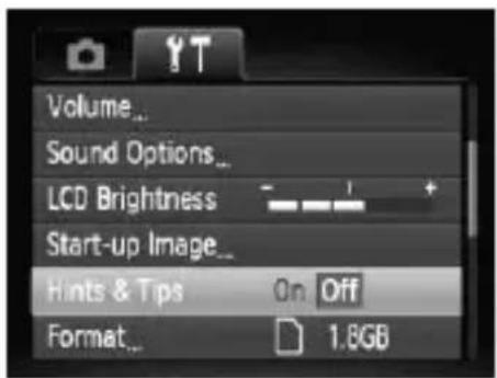 CANON PowerShot SD970 IS - Turning off Hints & Tips - 1