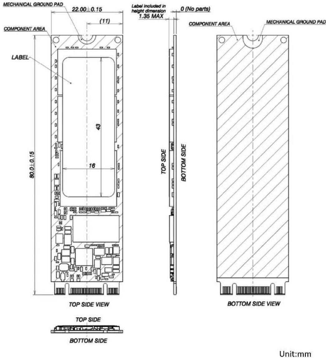 MECHANICAL GROUND PAD 22.00±0.15 COMPONENT AREA (11) LABEL 80.0±0.15 43 16 TOP SIDE VIEW TOP SIDE BOTTOM SIDE Label included in height dimension 1.35 MAX 0 (No parts) COMPONENT AREA BOTTOM SIDE VIEW BUTOM SIDE VIEW Unit:mm
