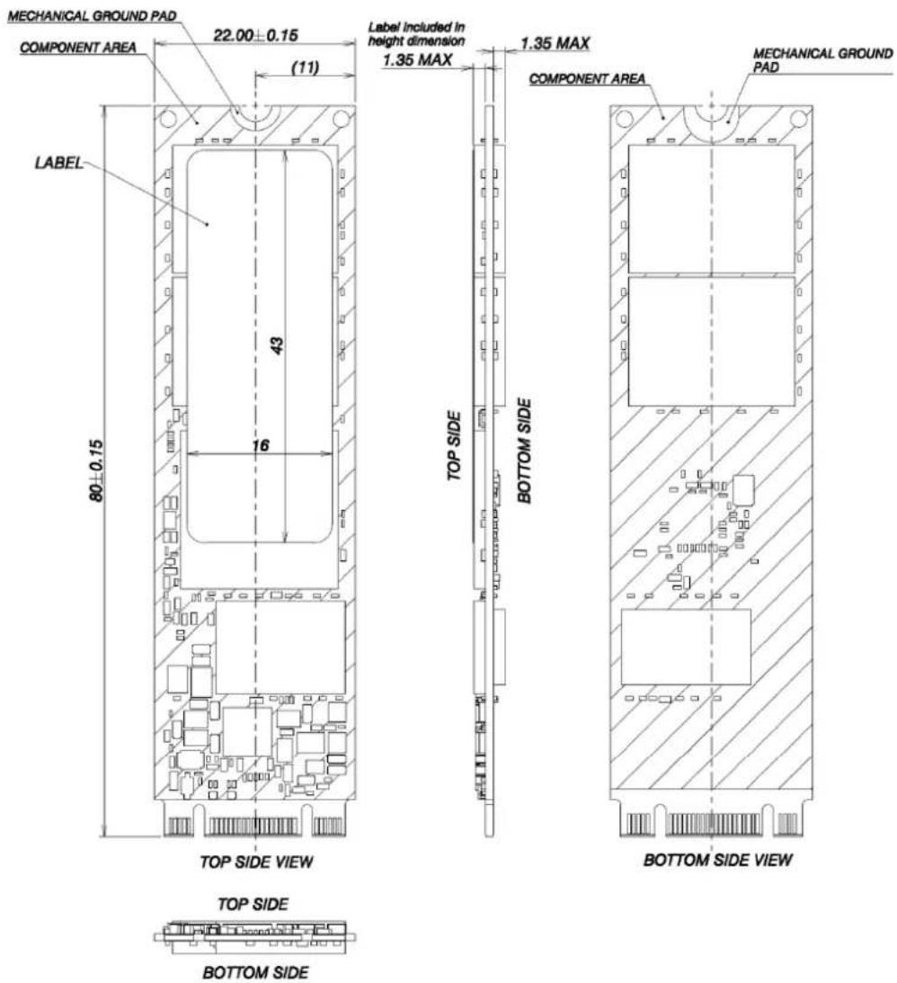 MECHANICAL GROUND PAD COMPONENT AREA 22.00±0.15 (11) LABEL 80±0.15 43 16 Label Included in height dimension 1.35 MAX 1.35 MAX COMPONENT AREA BOTTOM SIDE TOP SIDE VIEW BOTTOM SIDE VIEW TOP SIDE BOTTOM SIDE