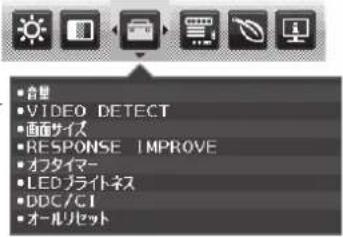 • 船塑 • VIDEO DETECT • 画面サイズ • RESPONSE IMPROVE • オフタイマー • LED ブライトネス • DDC/C1 • オールリセット