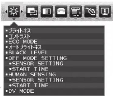 ブライトネス エントラスト ECO MODE オートブライトネス BLACK LEVEL OFF MODE SETTING SENSOR SETTING START TIME HUMAN SENSING SENSOR SETTING START TIME DV MODE