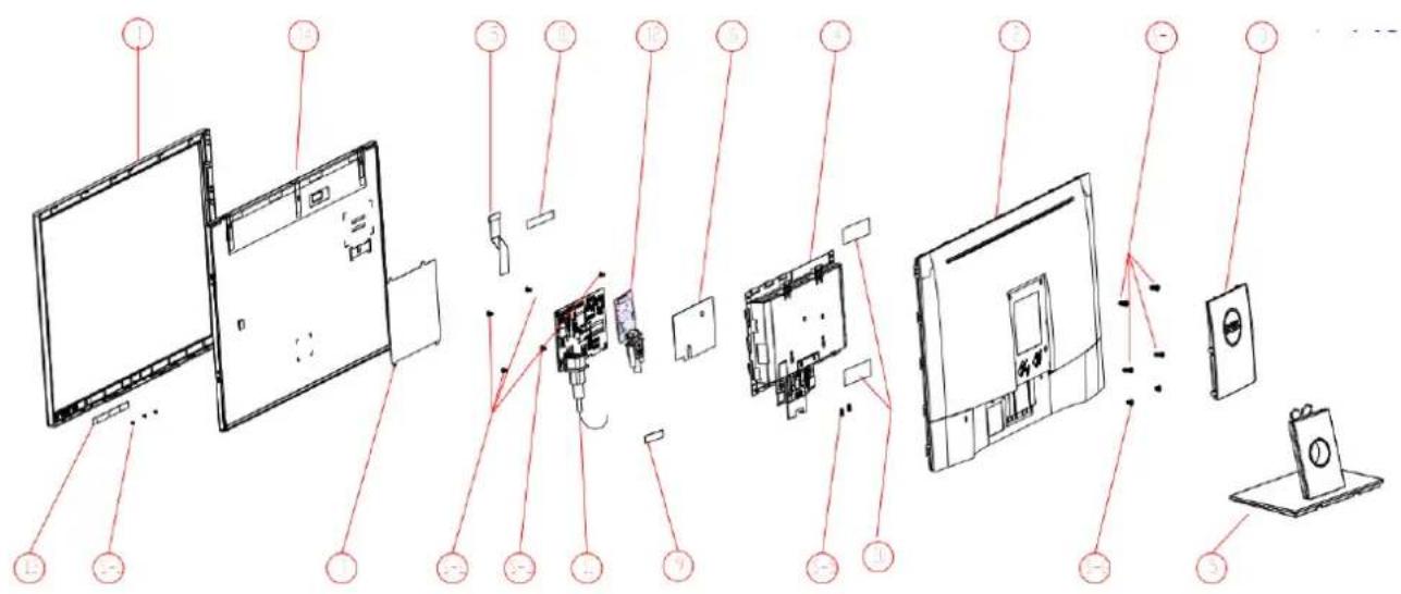 DELL E2216HV - Exploded view diagram with list of items - 1