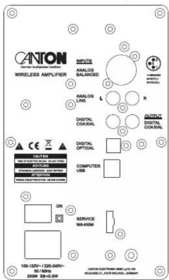 CANTON WIRELESS AMPLIFIER INPUTS ANALOG BALANCED ANALOG LINE L R DIGITAL COAXIAL OUTPUT DIGITAL COAXIAL DIGITAL OPTICAL COMPUTER USB ON SERVICE WA400M 100-120V/-/220-240V~ 50/60Hz 250W SB-0.5W CUSTOMER ELECTRONICS SENSY & CO., LTD. PROGRESS #: 4379 NO. NO.: 2024-08-01
