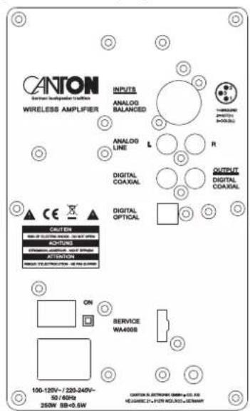 CANTON WIRELESS AMPLIFIER INPUTS ANALOG BALANCED ANALOG LINE L R DIGITAL COAXUAL OUTPUTIVE DIGITAL COAXUAL DIGITAL OPTICAL CAUTION UNITED ELECTRIC POWER & POWER ACORTHING TRANSMALLMENT, MODE & MODE OUTPUT UNITED ELECTRIC POWER & POWER ON SERVICE WA400B 100-120V/-/220-240V- 50/60Hz 250W 88+0.5W CUSTOMER: A TECHNOLOGY GROUP CO., LTD. HONGKUEN P.C. +179 403 301+200MW