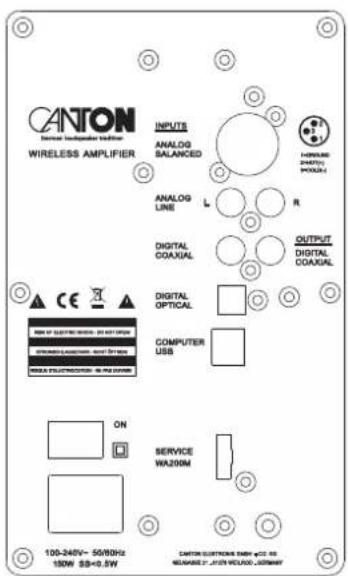 CANTON Wireless Amplifier INPUTS ANALOG BALANCED ANALOG LINE R DIGITAL COAUXAL OUTPUT DIGITAL COAUXAL DIGITAL OPTICAL COMPUTER USB ON SERVICE WA200M 100-240V~ 50/80Hz 150W SS=0.5W CANTON ELECTRONICS ENBR 4x10 - 30 REDADED 7 - 10V VACAO - JOURIANY