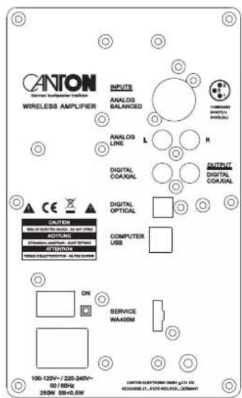 CANTON WIRELESS AMPLIFIER INPUTS ANALOG BALANCED ANALOG LINE L R DIGITAL COAXUAL PHASEATE DIGITAL COAXUAL DIGITAL OPTICAL COMPUTER USB CAUTION ADJITUNG 250V 88+0.5W ON SERVICE WA400M 100-120V/-/220-240V~ 50/60Hz 250W 88+0.5W CANTON ELECTRONICS GmbH & CO., LTD. HIGHERS F. SOUTH KENNIE, GERMANY