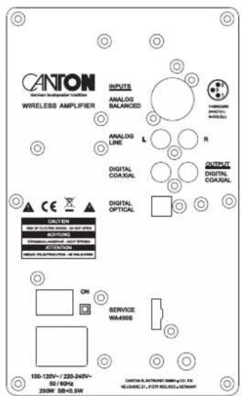 CANTON WIRELESS AMPLIFIER INPUTS ANALOG BALANCED ANALOG LINE L R DIGITAL COAXUAL OUTPUTING DIGITAL COAXUAL DIGITAL OPTICAL CAUTION MINI OF 12V AC/DC 500V AC/DC 100V AC/DC ACCOATING MINI OF 12V AC/DC 500V AC/DC 100V AC/DC ON SERVICE WA400B 100-120V/- / 220-240V- 50/60Hz 280V BW=0.5W CAPTOL & SWITCHING DAMPER CO., INC. W/CAVEECL? - 375V AC/DC 500V AC/DC