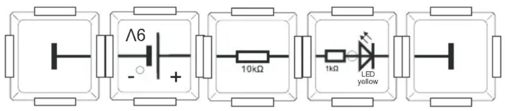 Allnet 115589 - Versuchsaufbau: Spannungsquelle-Baustein, LED-Baustein gelb, 2x Masse-Baustein, Widerstands-Baustein (10KΩ), Potentiometer-Baustein - 2