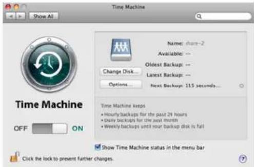 Time Machine Show All Name: share-2 Available: — Oldest Backup: — Latest Backup: — Next Backup: 115 seconds... Change Disk... Options... Time Machine keeps • Hourly backups for the past 24 hours • Daily backups for the past months • Weekly backups until your backup disk is full Show Time Machine status in the menu bar OFF ON Click the lock to prevent further changes.