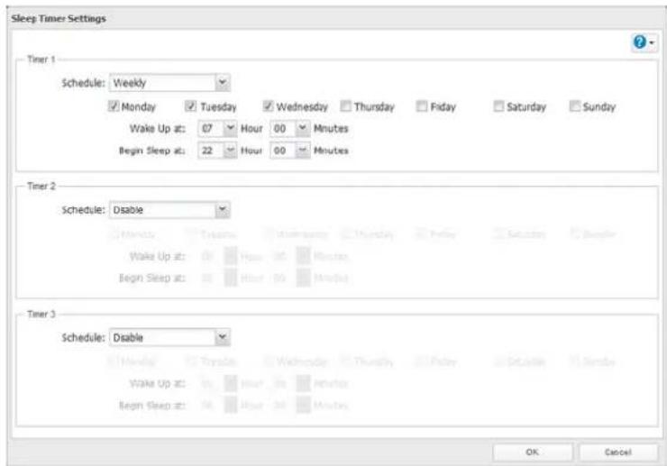 Sleep Timer Settings Timer 1 Schedule: Weekly Monday Tuesday Wednesday Thursday Friday Saturday Sunday Wake Up at: 07 Hour 00 Minutes Begin Sleep at: 22 Hour 00 Minutes Timer 2 Schedule: Disable Wake Up at: 04 Hour 05 Minutes Begin Sleep at: 03 Hour 06 Minutes Timer 3 Schedule: Disable Wake Up at: 05 Hour 06 Minutes Begin Sleep at: 04 Hour 08 Minutes OK Cancel