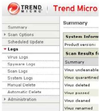 TREND MICRO | Trend Micro Summary System Inform ► Scan Options Scheduled Update ► Logs Virus Logs Spyware Logs Scan Logs System Logs Manual Delete Automatic Delete ► Administration Product version: Scan Results from Summary Virus undecanable Virus quarantined Virus deleted Virus passed Virus cleaned Virus renamed