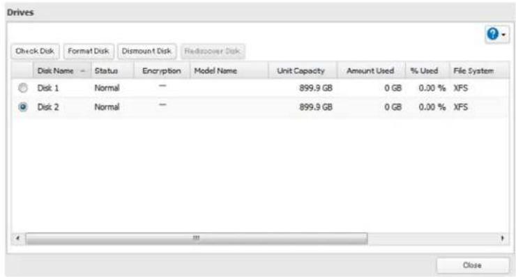 Drives Check Disk Format Disk Dismount Disk Rediscover Disk Disk Name - Status Encryption Model Name Unit Capacity Amount Used % Used File System Disk 1 Normal - 899.9 GB 0 GB 0.00 % XFS Disk 2 Normal - 899.9 GB 0 GB 0.00 % XFS Close