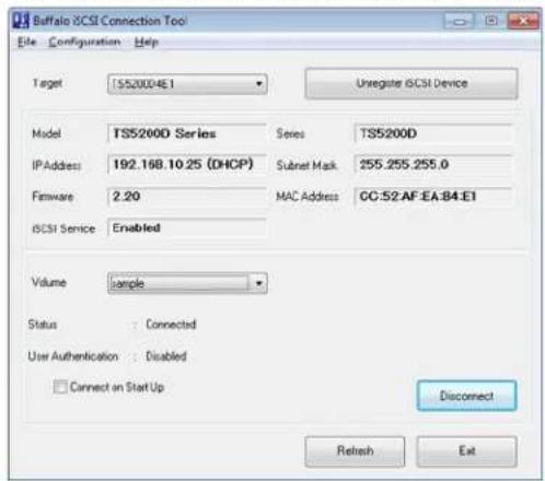 Buffalo ICSI Connection Tool File Configuration Help Target TS52004E1 Unregiate ICSI Device Model TS5200D Series Series TS5200D IP Address: 192.168.10.25 (DHCP) Subnet Mask 255.255.255.0 Firmware 2.20 MAC Address GG:52.AF.EA.B4.E1 ICSI Service Enabled Volume sample Status : Connected User Authentication : Disabled Connect on Start Up Disconnect Refresh Exit