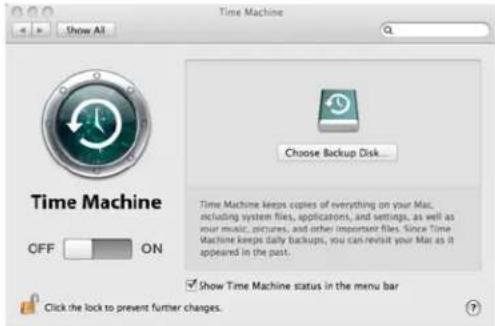 Time Machine Show All Q Choose Backup Disk... Time Machine keeps copies of everything on your Mac, including system files, applications, and settings, as well as your music, pictures, and other important files. Since Time Machine keeps daily backups, you can revisit your Mac as it appeared in the past. Show Time Machine status in the menu bar Click the lock to prevent further changes.