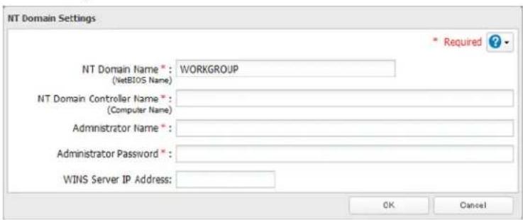 NT Domain Settings NT Domain Name * : WORKGROUP (NetBIOS Name) NT Domain Controller Name * (Computer Name) Administrator Name * Administrator Password * WINS Server IP Address: * Required ? OK Cancel