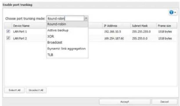 Enable port trunking Choose port trunking mode: Round-robin Device Name Round-robin IP Address Subnet Mask Frame size LAN Port 1 Active-backup 192.168.10.5 255.251.255.0 1518 bytes LAN Port 2 XOR 169.254.187.60 255.253.0.0 1518 bytes Broadcast Dynamic link aggregation TLB Select All Unselect All Accept Cancel