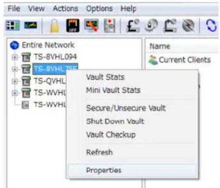 File View Actions Options Help Entire Network TS-8VHL094 TS-8VHL755 TS-QVHL TS-WVHL TS-WVHL Vault Stats Mini Vault Stats Secure/Unsecure Vault Shut Down Vault Vault Checkup Refresh Properties