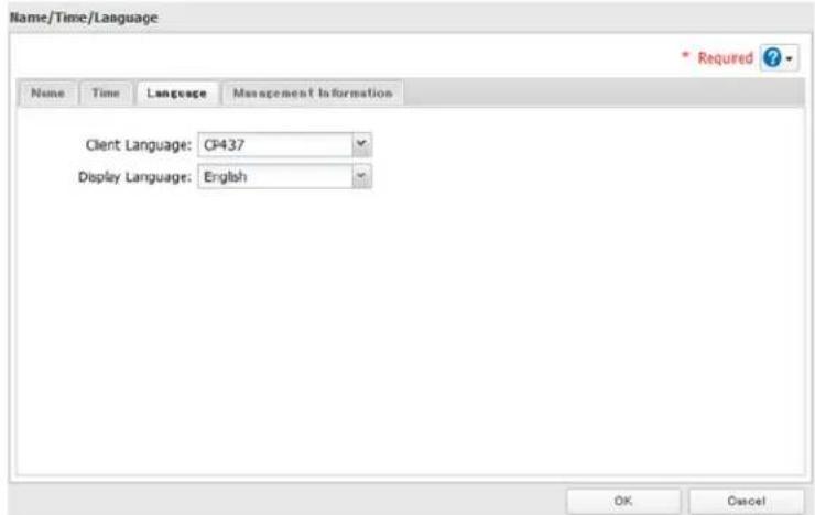 Name/Time/Language * Required ? None Time Language Management Information Client Language: CP437 Display Language: English OK Cancel