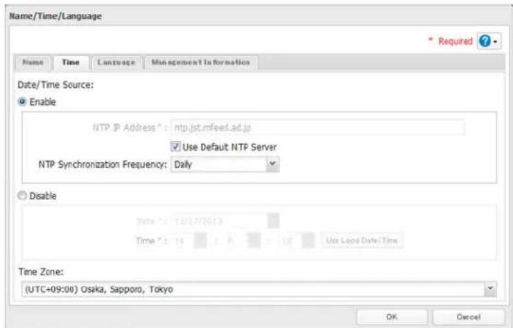 Name/Time/Language * Required ? Name Time Language Management Information Date/Time Source: Enable NTP IP Address*: ntp.jst.mfees.ad.jp Use Default NTP Server NTP Synchronization Frequency: Daily Disable Date #: 12/17/013 Time #: 16 2 3 4 5 6 Use Local Date/Time Time Zone: (UTC+09:00) Osaka, Sapporo, Tokyo OK Cancel