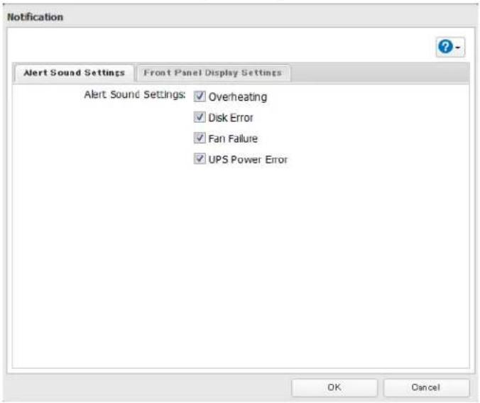 Notification Alert Sound Settings Front Panel Display Settings Alert Sound Settings: ✓ Overheating ✓ Disk Error ✓ Fan Failure ✓ UPS Power Error OK Cancel