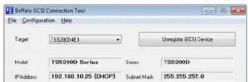 Buffalo ICSI Connection Tool File Configuration Help Target TS52004E1 Unregiate ICSI Device Model TS5200D Series Senses TS5200D IPAddress 192.168.10.25 (DHCP) Subnet Mask 255.255.255.0