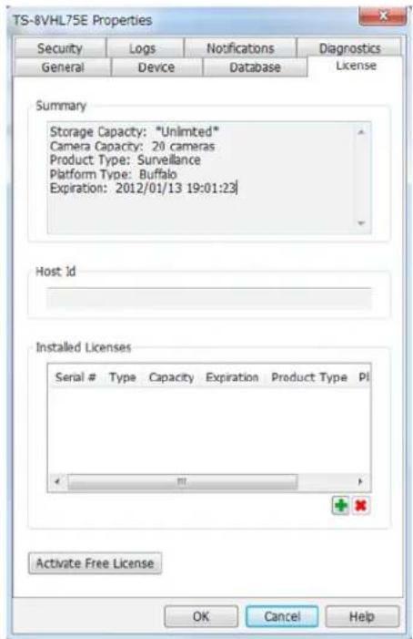 TS-8VHL75E Properties Security Logs Notifications Diagnostics General Device Database License Summary Storage Capacity: "Unlimited" Camera Capacity: 20 cameras Product Type: Surveillance Platform Type: Buffalo Expiration: 2012/01/13 19:01:23] Host Id Installed Licenses Serial # Type Capacity Expiration Product Type PI Activate Free License OK Cancel Help