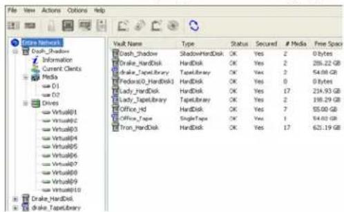 Data Network Dash_Shadow Information Current Clients Media 01 07 Drives Virtual@1 Virtual@2 Virtual@3 Virtual@4 Virtual@5 Virtual@6 Virtual@7 Virtual@8 Virtual@9 Virtual@10 Drake_HardDisk drake_TapeLibrary Vail Name Type Status Secured # Media Free Space Dash_Shadow ShadowHardDisk OK Yes 2 0 bytes Drake_HardDisk HardDisk OK Yes 2 285.22 GB drake_TapeLibrary TapeLibrary OK Yes 3 54.08 GB Pedractor0_HardDisk HardDisk OK Yes 0 0 bytes Lady_hardDisk HardDisk OK Yes 17 214.93 GB Lady_TapeLibrary TapeLibrary OK Yes 2 198.29 GB Office_YD HardDisk OK Yes 7 55.00 GB Office_Tape SingleType OK Yes 1 54.03 GB Tron_HardDisk HardDisk OK Yes 17 621.19 GB