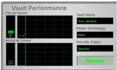Vault Performance Files per Second 35 Mbytes per Second 0.0 Vault Name Tron_HardDisk Media Technology Hdisk Security Status Secured Nominal