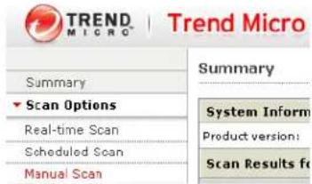 TREND MIGRC | Trend Micro Summary ✓ Scan Options Real-time Scan Scheduled Scan Manual Scan Summary System Inform Product version: Scan Results for