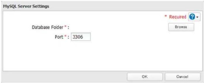 MySQL Server Settings Database Folder * : Port * : 3306 * Recured ? Browse OK Cancel