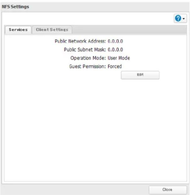 NFS Settings Services Client Settings Public Network Address: 0.0.0.0 Public Subnet Mask: 0.0.0.0 Operation Mode: User Mode Guest Permission: Forced Edit Close