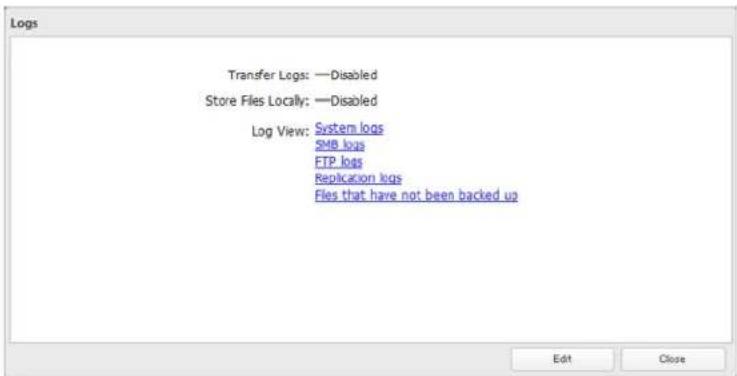 Transfer Logs: —Disabled Store Files Locally: —Disabled Log View: System logs SMB logs FTP logs Replication logs Files that have not been backed up Edit Close