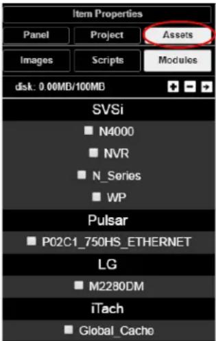 Item Properties Panel Project Assets Images Scripts Modules disk: 0.00MB/100MB SVSi N4000 NVR N_Series WP Pulsar P02C1_750HS_ETHERNET LG M2280DM iTach Global_Cache
