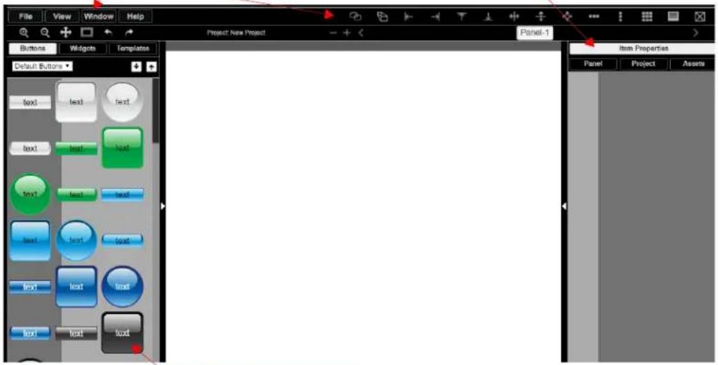 File View Window Help Project New Project Buttons Widgets Templates Default Buttons Text: text text Text: text text Text: text text Text: text text Text: text text Text: text text Text: text text Text: text text Item Properties Panel Project Assets