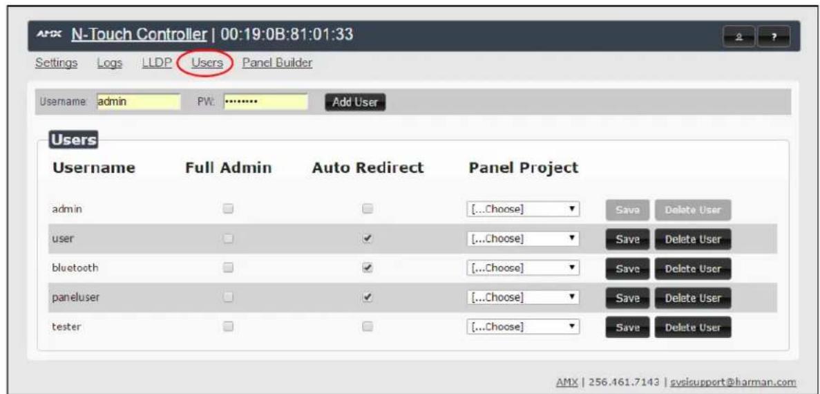 N-Touch Controller | 00:19:0B:81:01:33 Settings Logs LLDP Users Panel Builder Username admin PW: Add User Users Username Full Admin Auto Redirect Panel Project admin [...Choose] Save Delete User user [...Choose] Save Delete User bluetooth [...Choose] Save Delete User paneluser [...Choose] Save Delete User tester [...Choose] Save Delete User AMX | 256.461.7143 | svisupport@harman.com